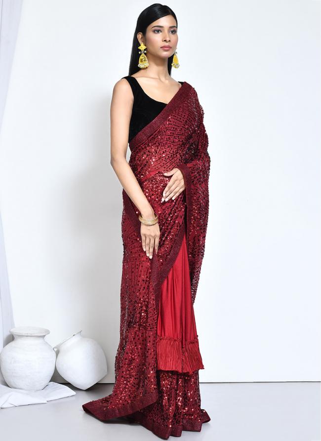 Crystal Silk Red Wedding Wear Embroidery Work Saree